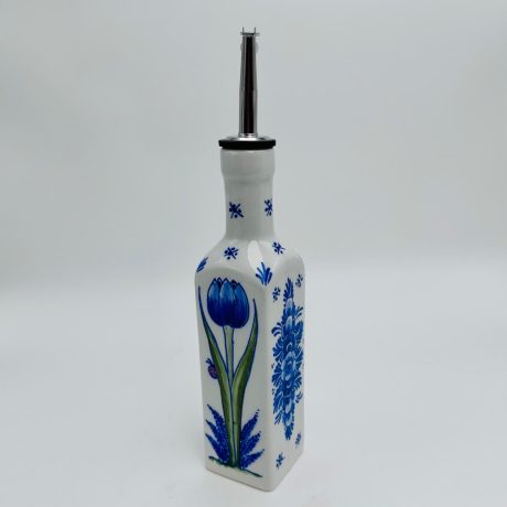 Square oil or vinegar bottle with tulips and traditional flowers